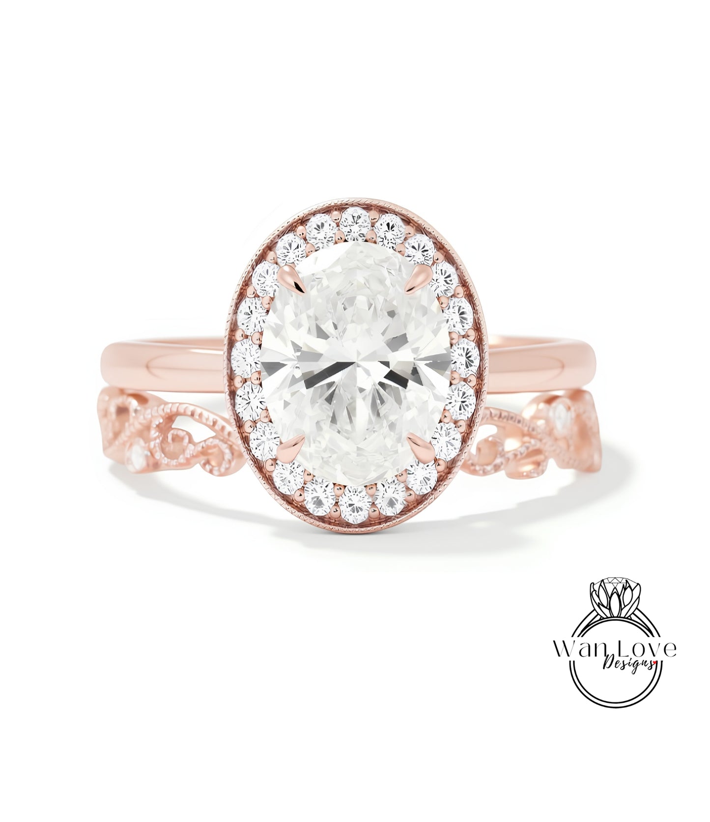 A rose gold ring with a large oval-shaped diamond set in the center, surrounded by smaller diamonds.