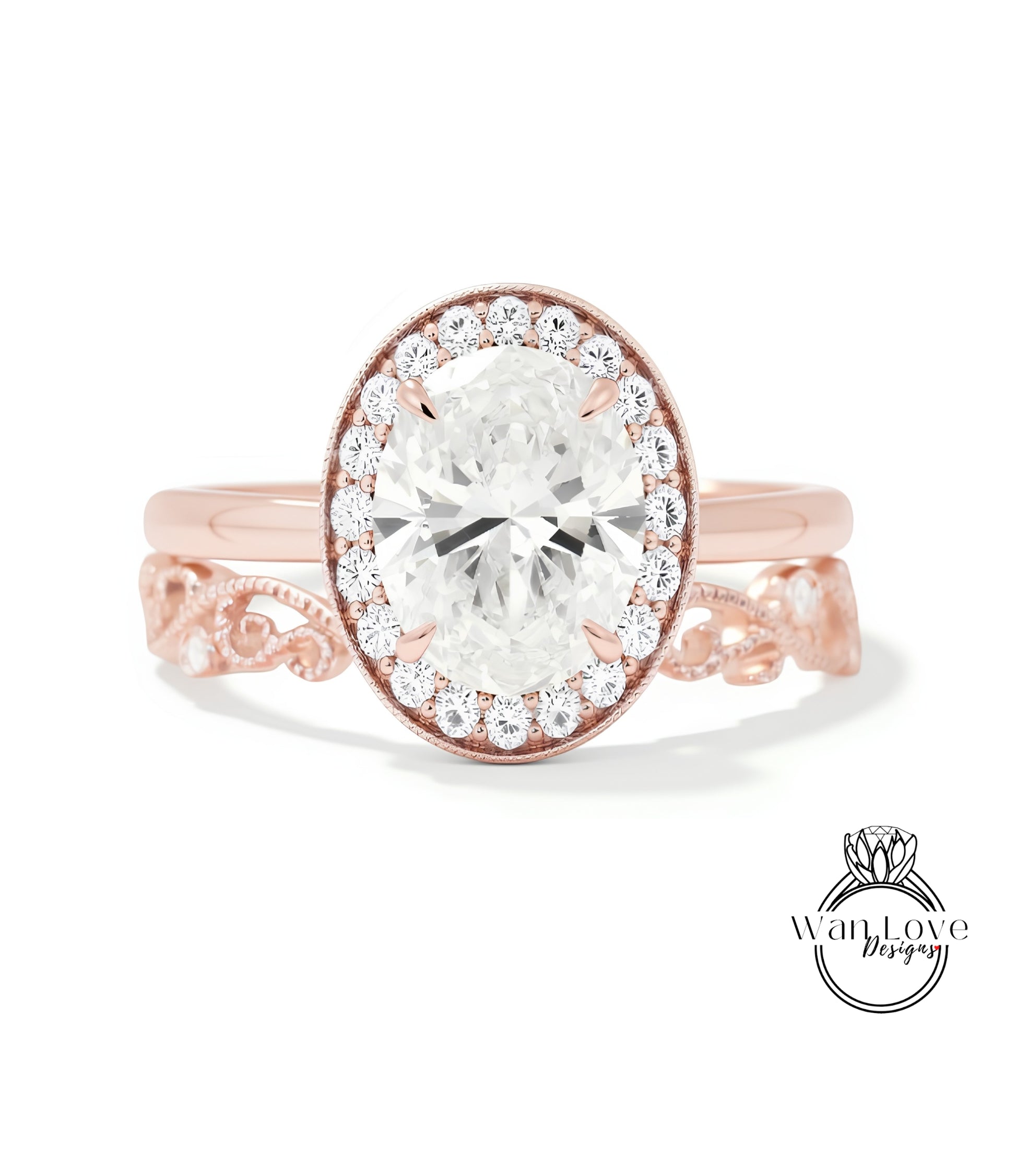 A rose gold ring with a large oval-shaped diamond set in the center, surrounded by smaller diamonds.