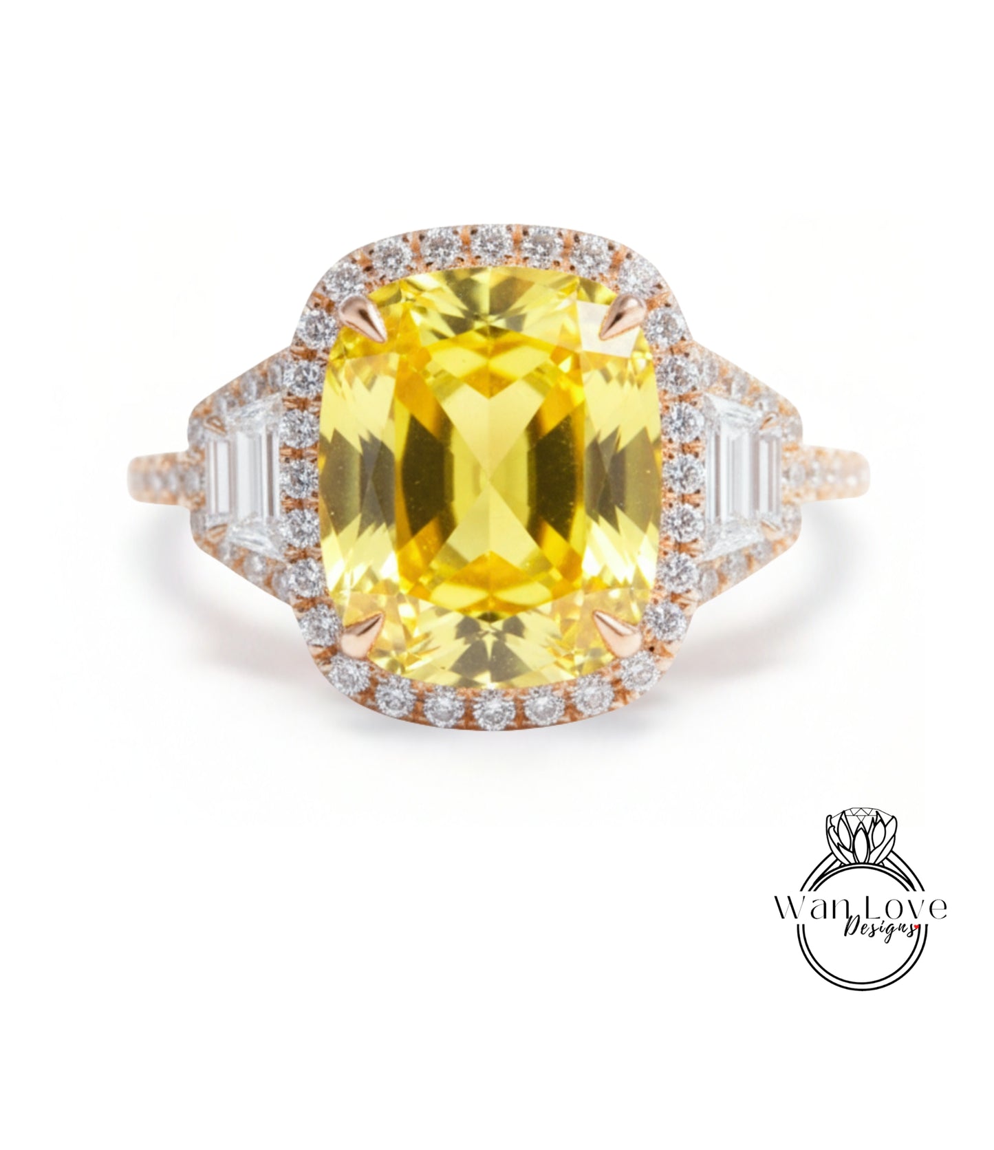 A large yellow gemstone ring with a halo of smaller diamonds around the center stone.