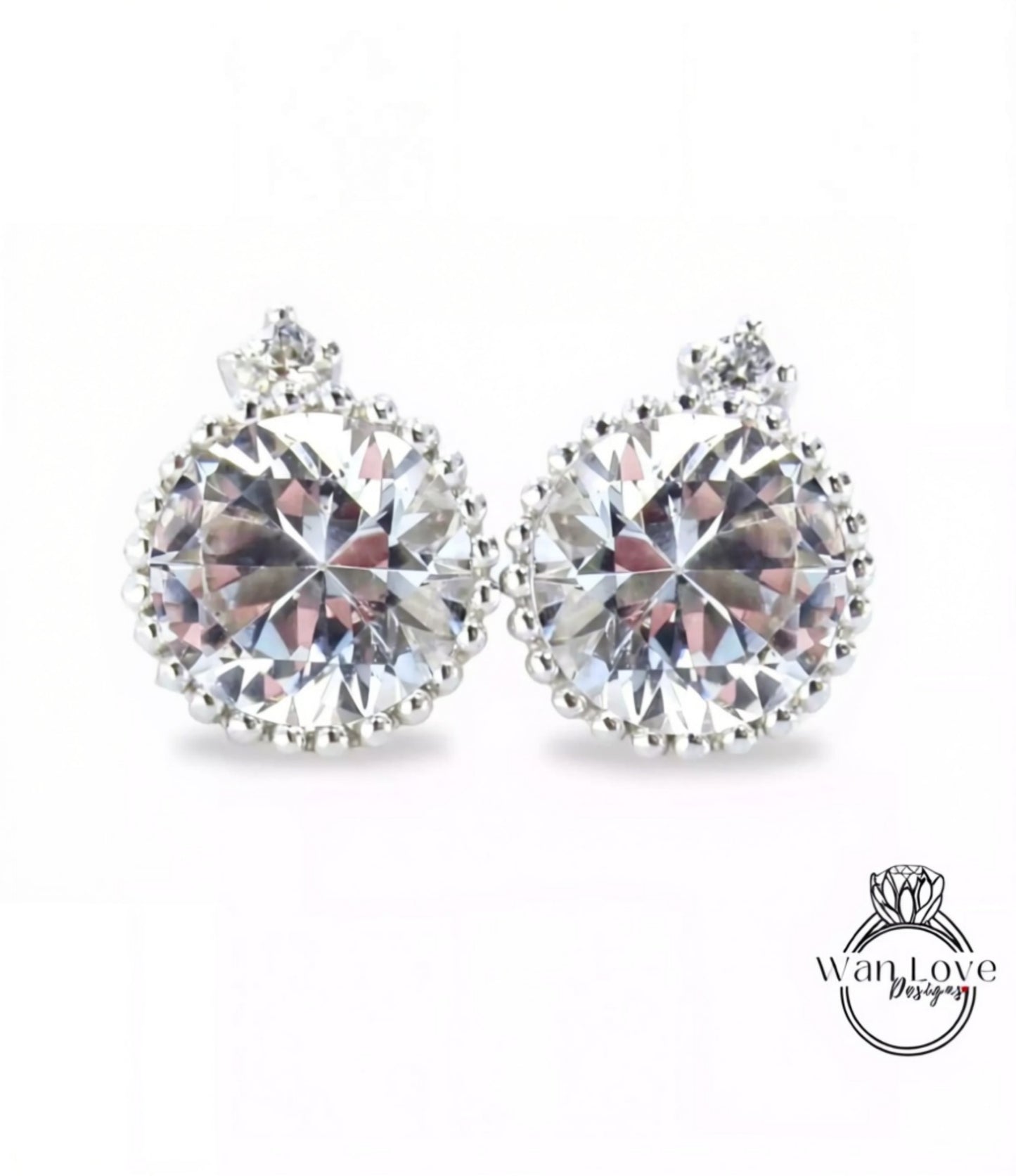 White Sapphire Earrings Milgrain Bezel Set Studs Push back Round cut 1ct each 2cttw 6mm White gold Custom Anniversary Gift Ready to Ship