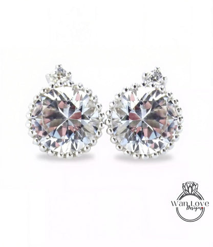 White Sapphire Earrings Milgrain Bezel Set Studs Push back Round cut 1ct each 2cttw 6mm White gold Custom Anniversary Gift Ready to Ship