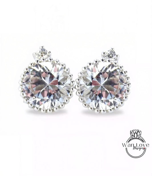 White Sapphire Earrings Milgrain Bezel Set Studs Push back Round cut 1ct each 2cttw 6mm White gold Custom Anniversary Gift Ready to Ship