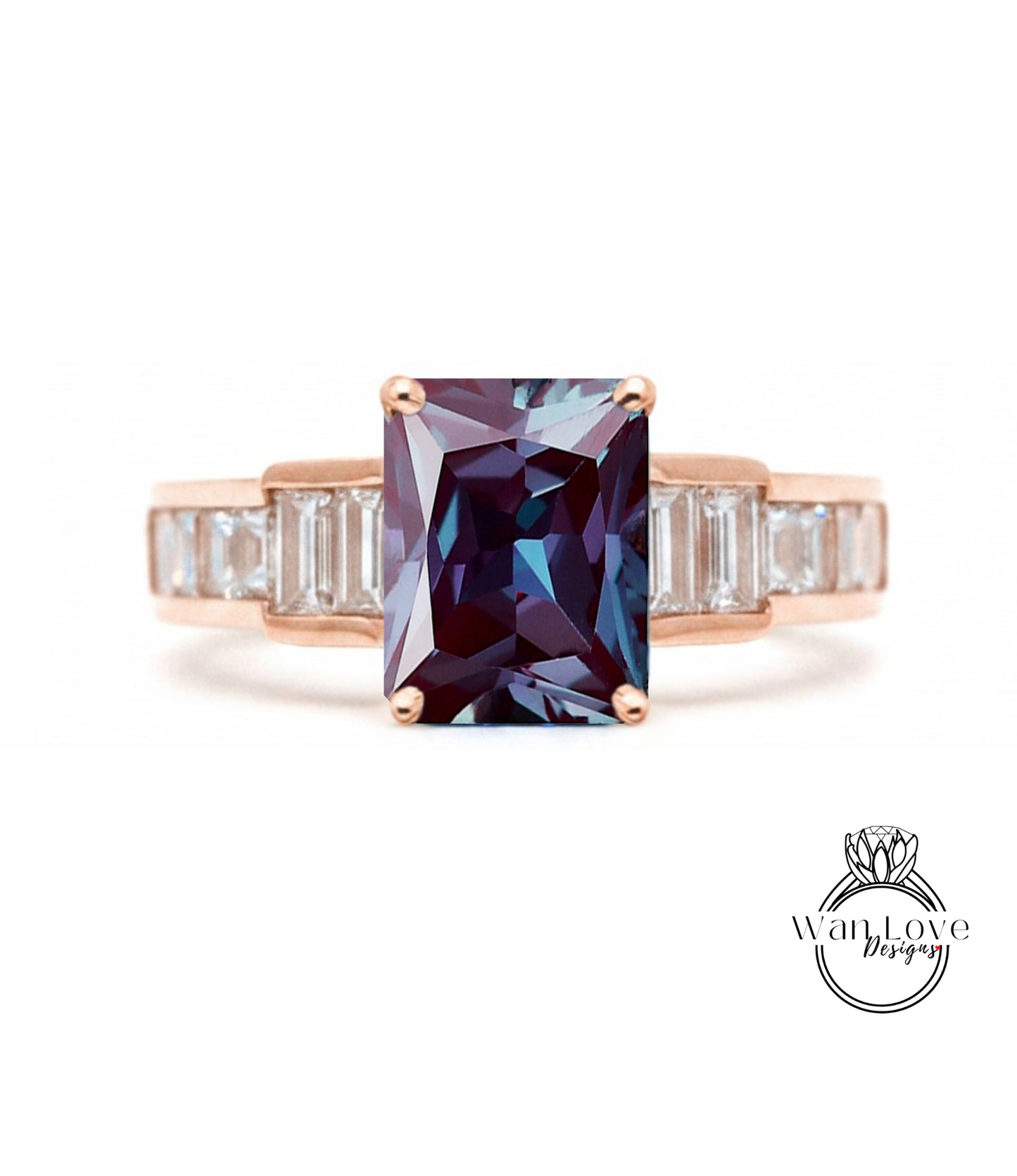 a ring with a large, dark purple gemstone set in a rose gold band.