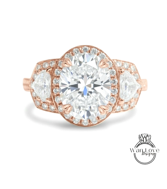 a beautiful rose gold ring with a large oval-shaped diamond set in the center, surrounded by smaller diamonds.