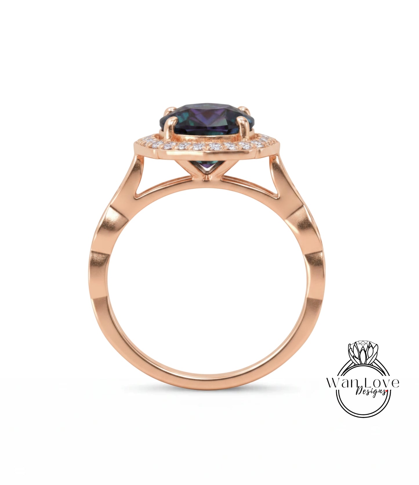 A gold ring with a large purple gemstone set in the center, surrounded by smaller diamonds.