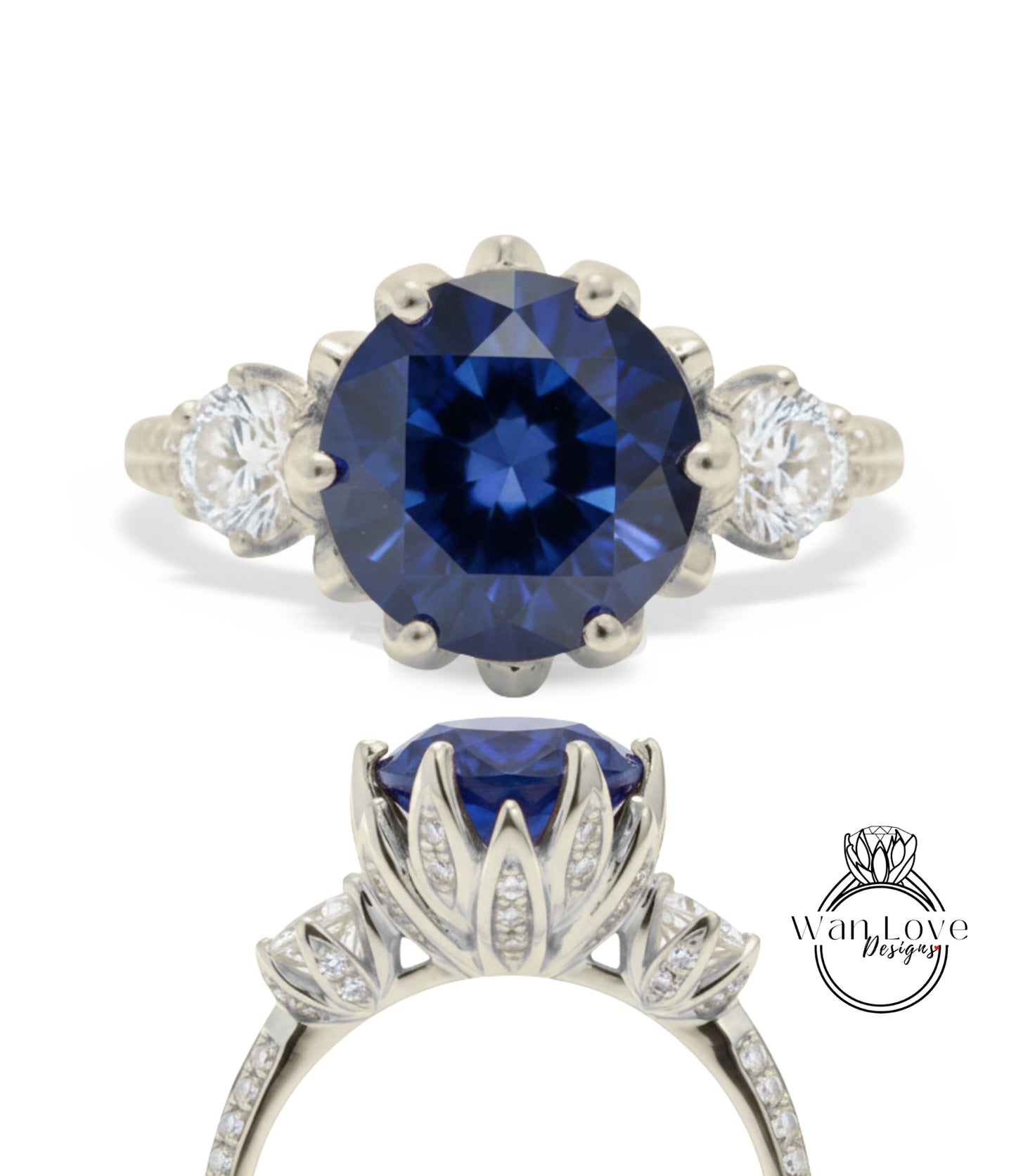a stunning blue gemstone ring with a large central blue gemstone surrounded by smaller diamonds. The ring is set in a silver band with a delicate floral design.