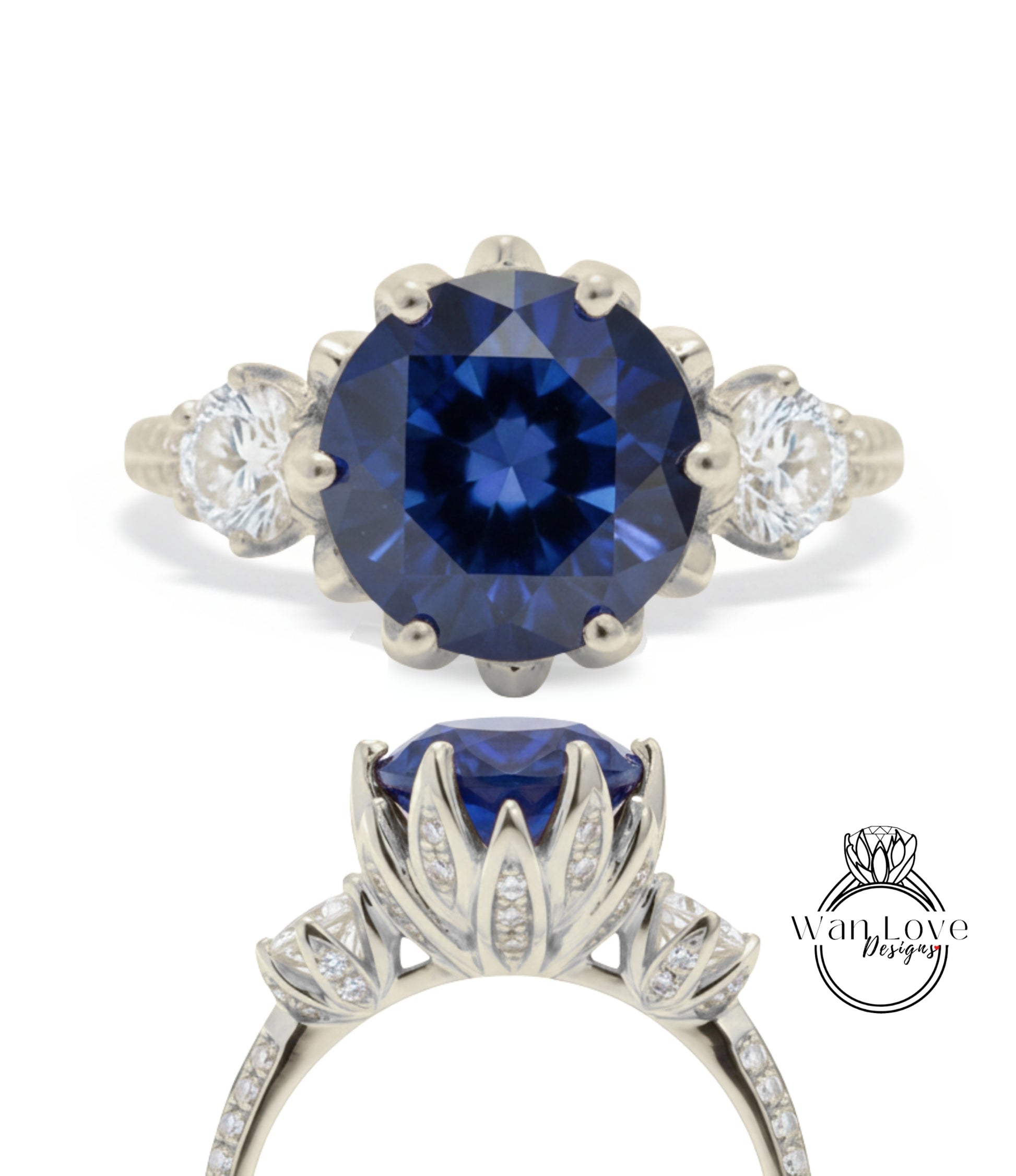 a stunning blue gemstone ring with a large central blue gemstone surrounded by smaller diamonds. The ring is set in a silver band with a delicate floral design.