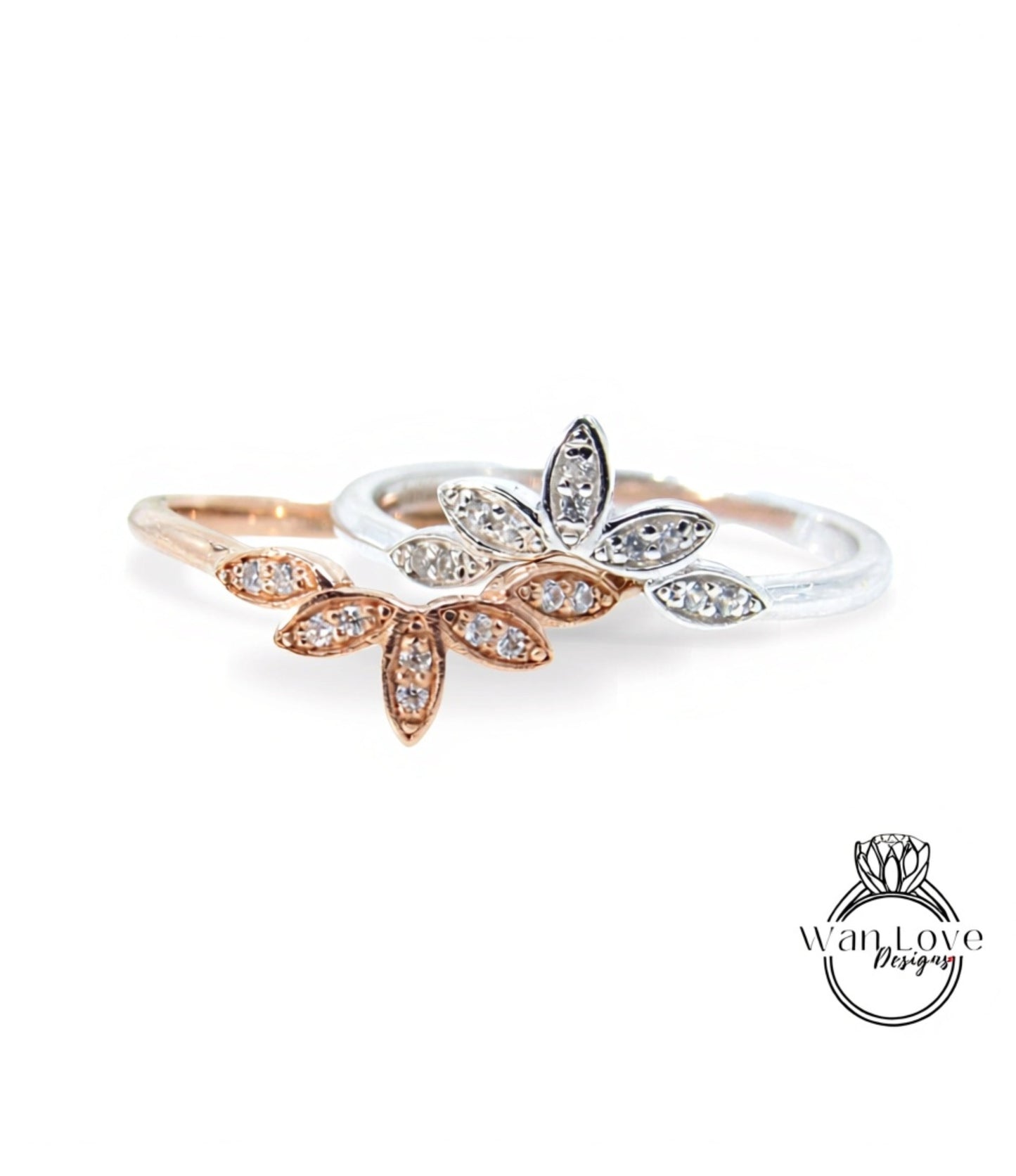 14K Solid Gold Rings/Art Deco Diamond 5 Leaves Wedding Band/ Lotus Matching Band/5 Leaf Ring/Promise Ring/Gift for Her