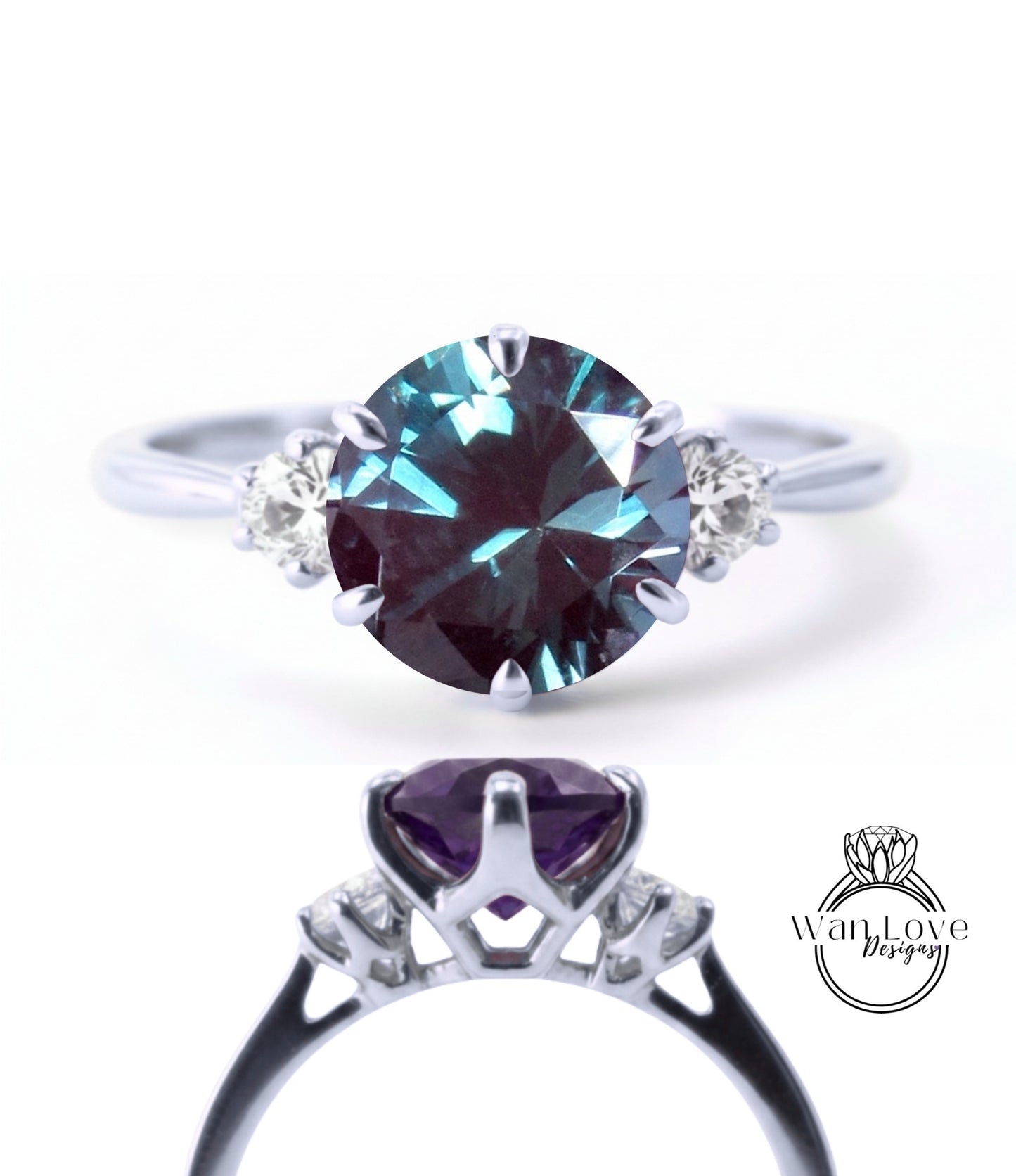 a silver ring with a large oval-shaped gemstone, likely a sapphire, surrounded by smaller diamonds.