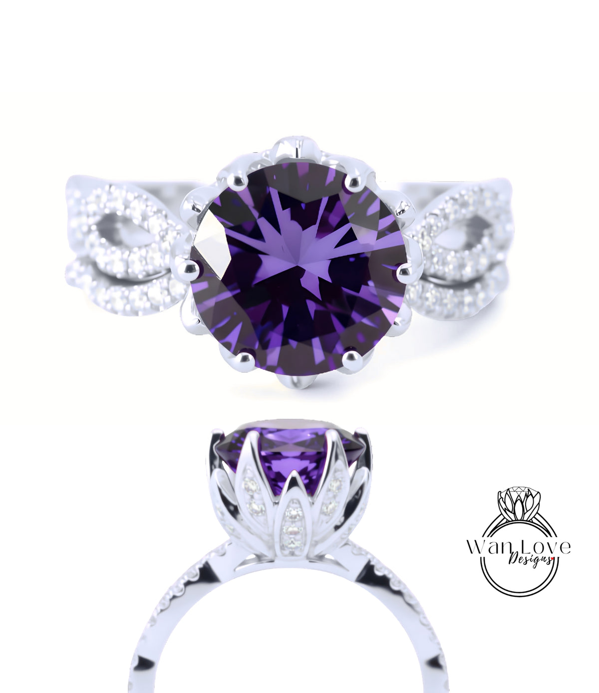a stunning purple gemstone ring with a large central purple gemstone surrounded by smaller diamonds set in a silver band.