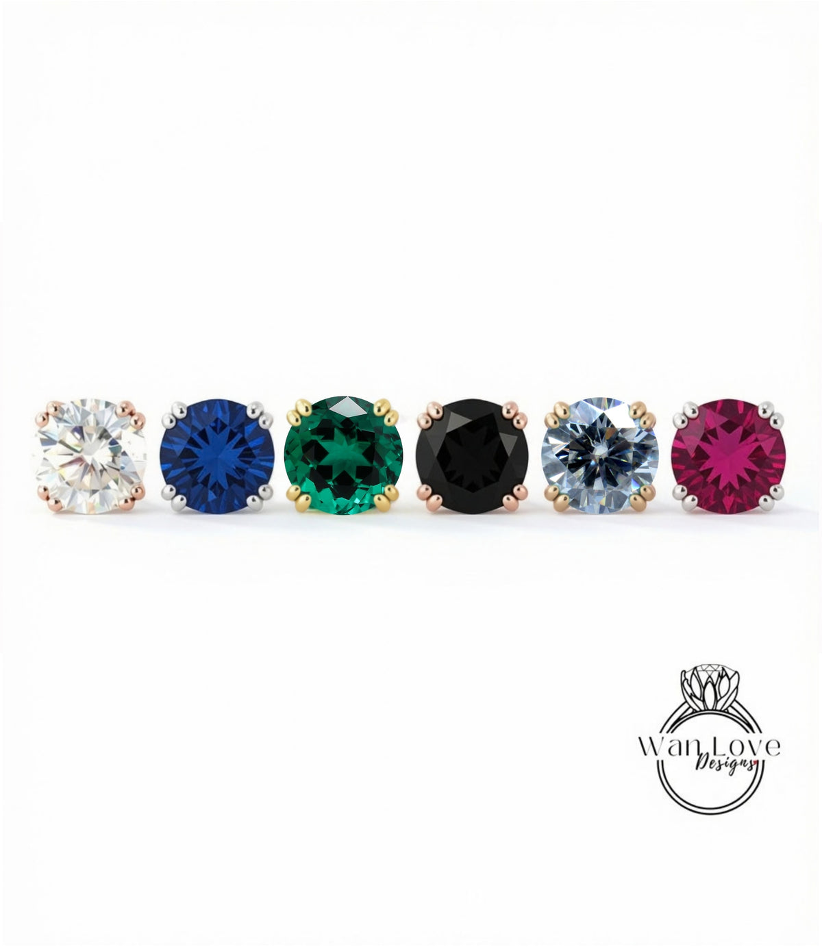 A row of six colorful gemstone earrings, each with a unique color and design, arranged in a straight line.