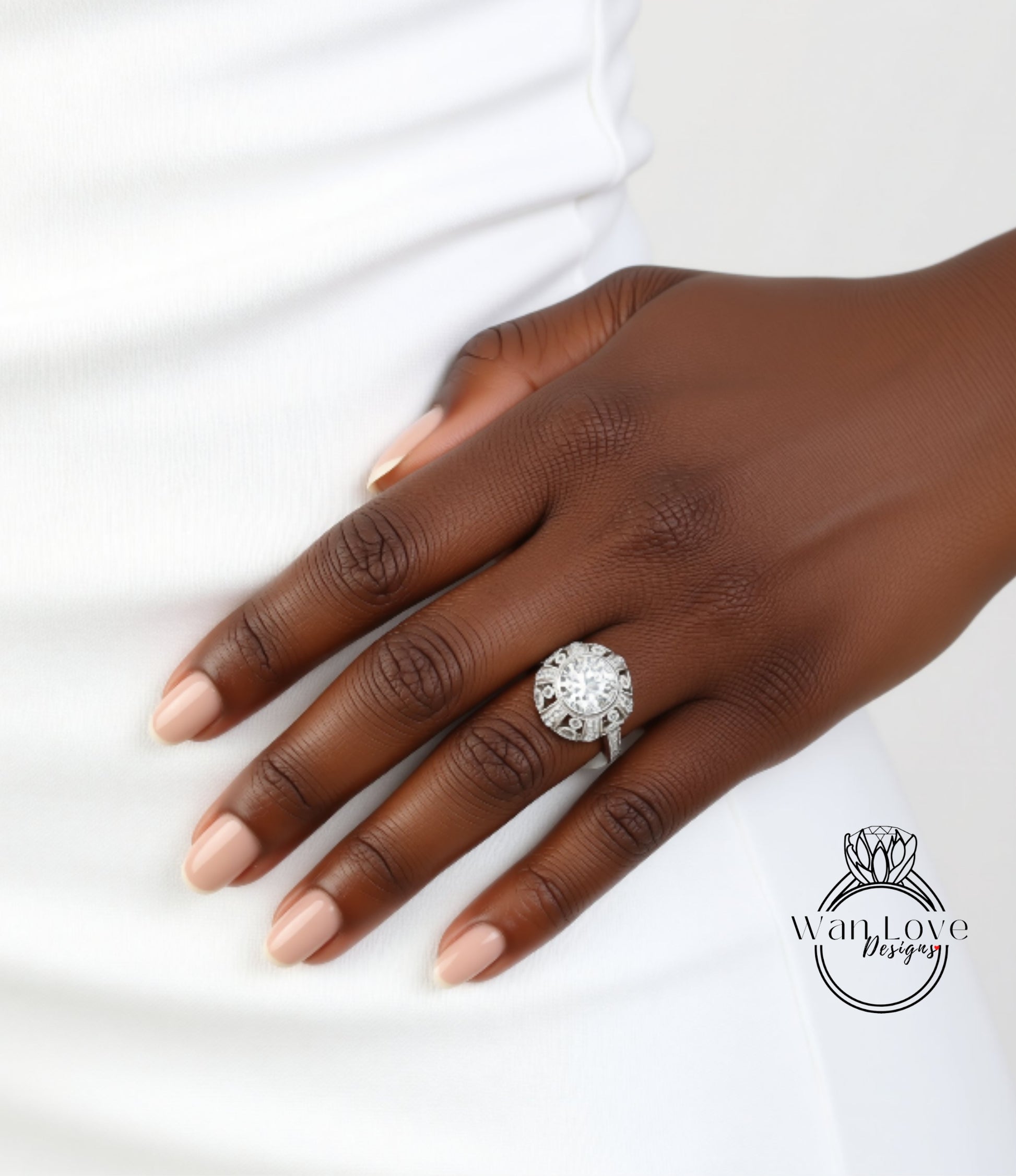 A close-up of a person's hand wearing a large, sparkling diamond ring.
