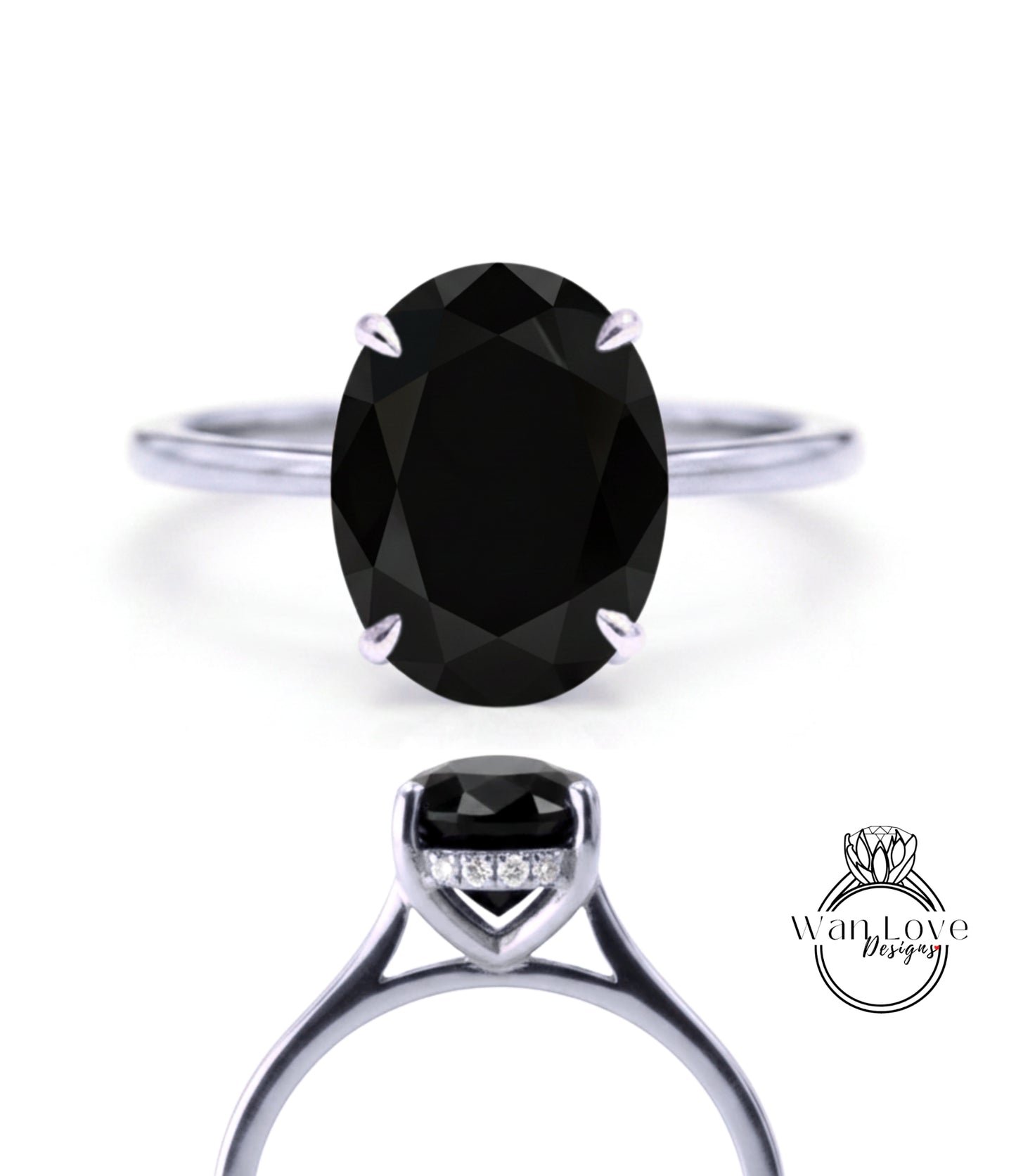 A close-up view of a silver ring with a large oval-shaped black gemstone, showcasing the intricate design and craftsmanship of the piece.