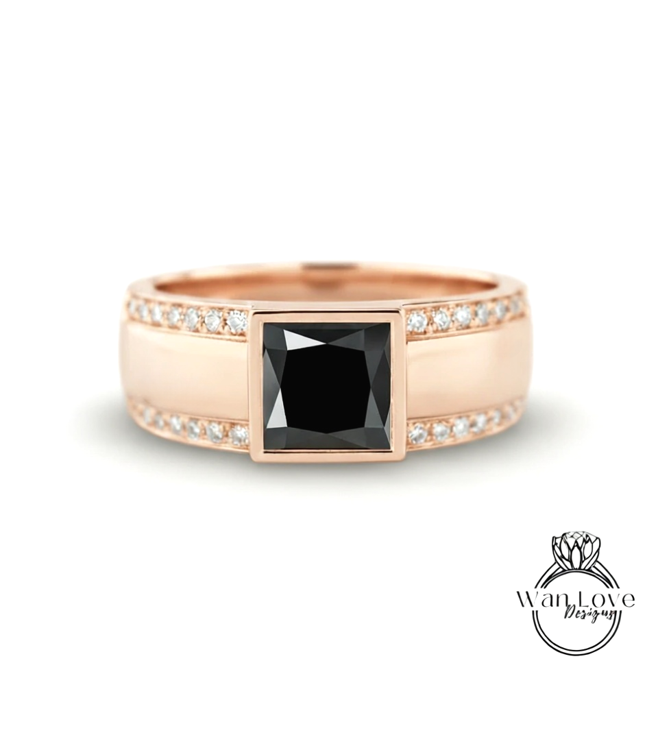 Men's Black Spinel Wedding Band | Square White Gold Men Band | Princess Cut Black Diamond Wedding Ring | Unique Men's Wedding Band