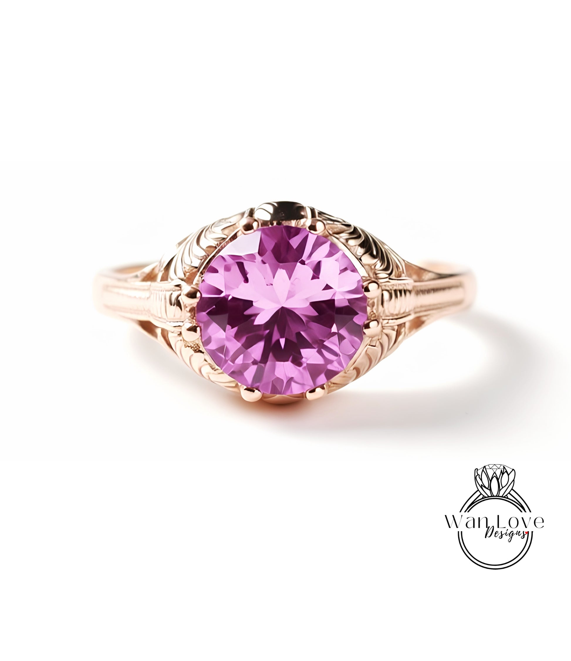 A gold ring with a large, round purple gemstone set in the center.