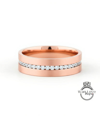 Diamond Mens Wedding Band, Middle row gems Cigar Band, 14k White Rose Gold Ring, Mens Band, Mans Birthstone Commitment Band