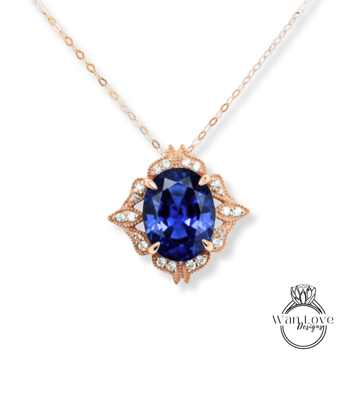 A necklace with a large blue gemstone at the center, surrounded by smaller diamonds and a decorative design.