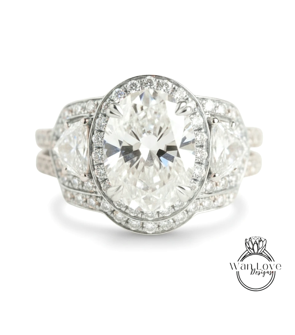A stunning diamond engagement ring with a large oval-shaped diamond at the center, surrounded by smaller diamonds and set in a silver band.