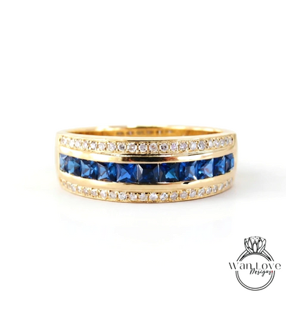 Mens Blue Sapphire & White Diamond Wedding Band Engagement Ring, 14k 18k White Yellow Rose Gold-Platinum-Custom made-Anniversary-Pinky