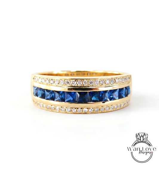 Mens Blue Sapphire & White Diamond Wedding Band Engagement Ring, 14k 18k White Yellow Rose Gold-Platinum-Custom made-Anniversary-Pinky