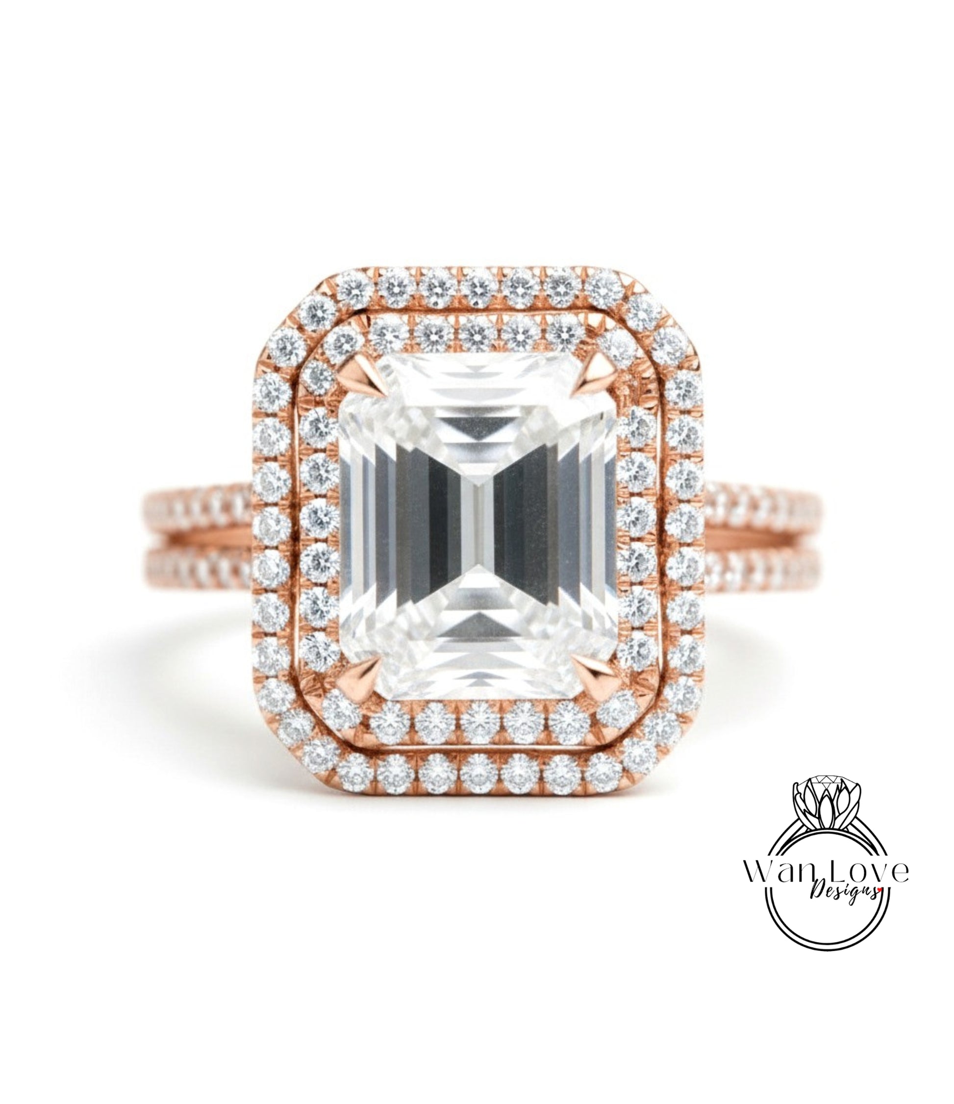 A large, clear diamond engagement ring with a halo of smaller diamonds around the center stone.