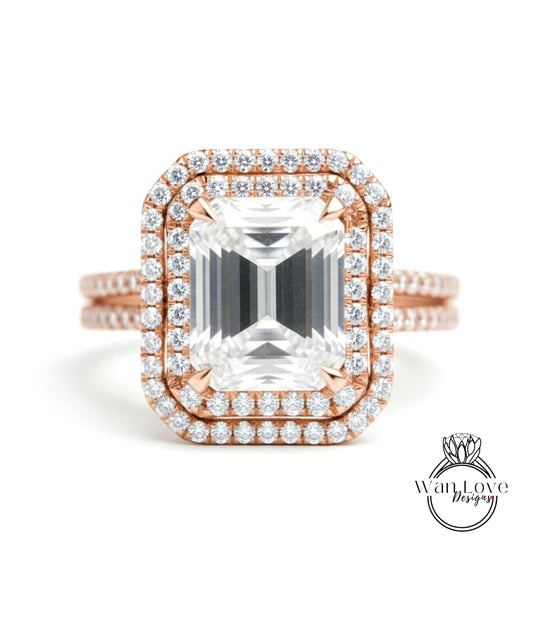 A large, clear diamond engagement ring with a halo of smaller diamonds around the center stone.