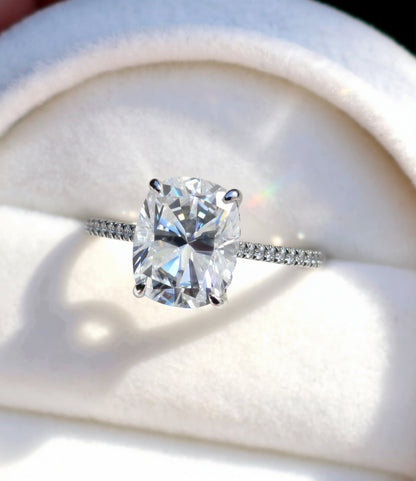 Vintage engagement ring Elongated Cushion cut Moissanite hidden halo ring white gold almost eternity band bridal ring Promise Anniversary