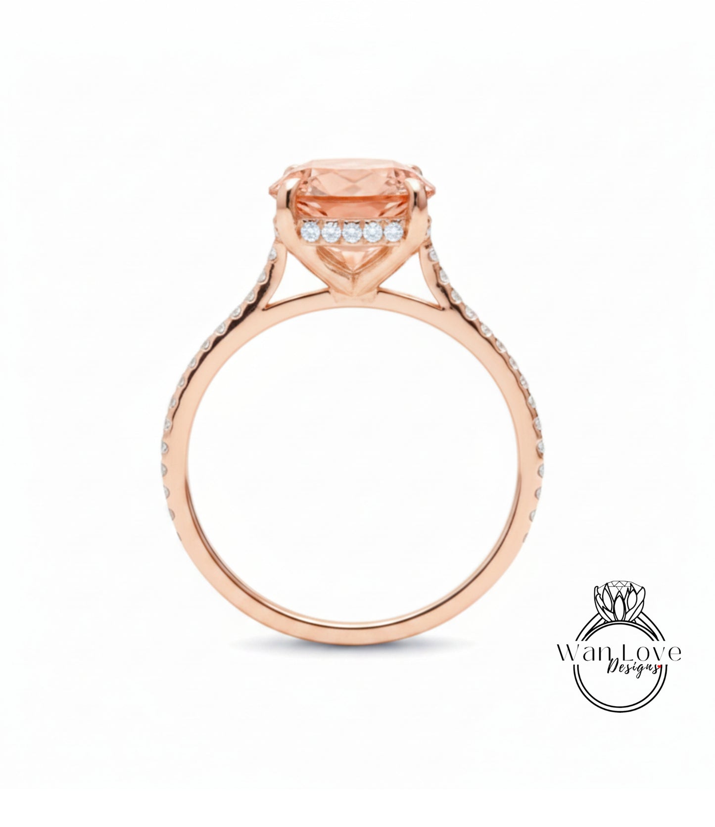A rose gold engagement ring with a large, round-cut diamond set in the center, surrounded by smaller diamonds.
