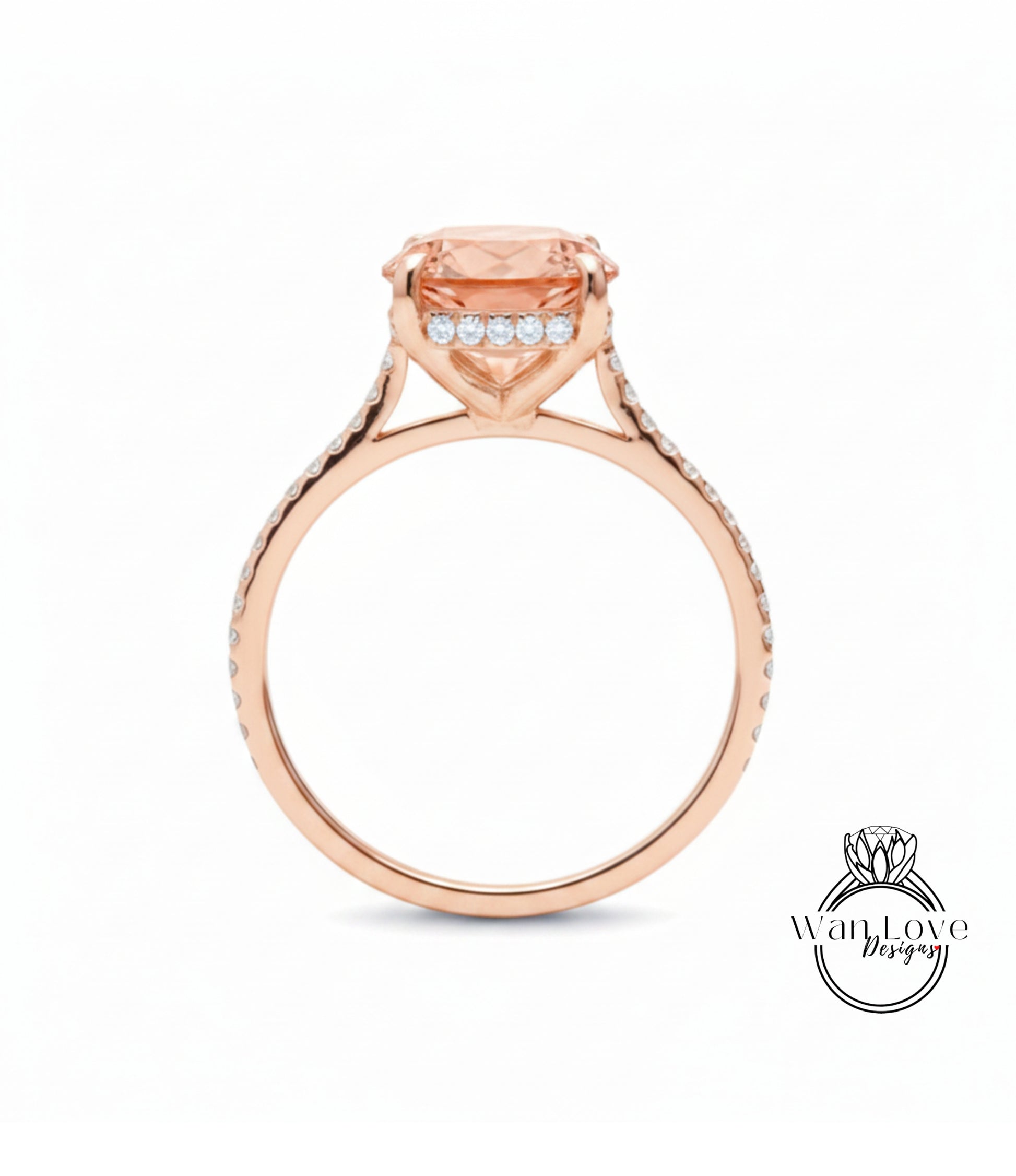 A rose gold engagement ring with a large, round-cut diamond set in the center, surrounded by smaller diamonds.