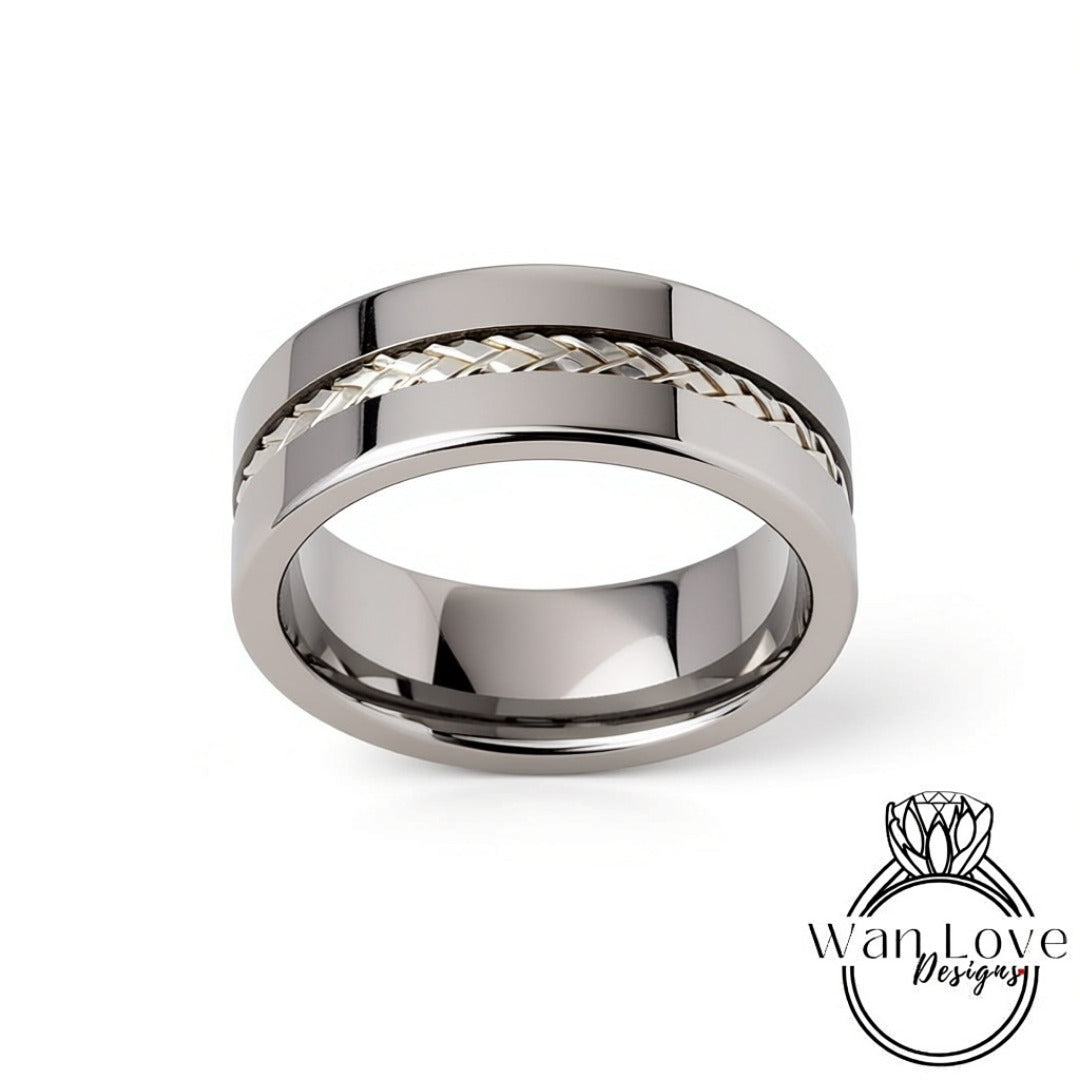 Braided Silver Tungsten Wedding Band Ring - Mens Brushed Tungsten Silver Wedding Band - Braid strip, Mens 8mm Ring, Tungsten Wedding Ring Wan Love Designs