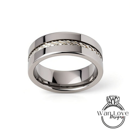 Braided Silver Tungsten Wedding Band Ring - Mens Brushed Tungsten Silver Wedding Band - Braid strip, Mens 8mm Ring, Tungsten Wedding Ring Wan Love Designs
