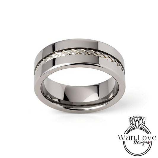 Braided Silver Tungsten Wedding Band Ring - Mens Brushed Tungsten Silver Wedding Band - Braid strip, Mens 8mm Ring, Tungsten Wedding Ring Wan Love Designs