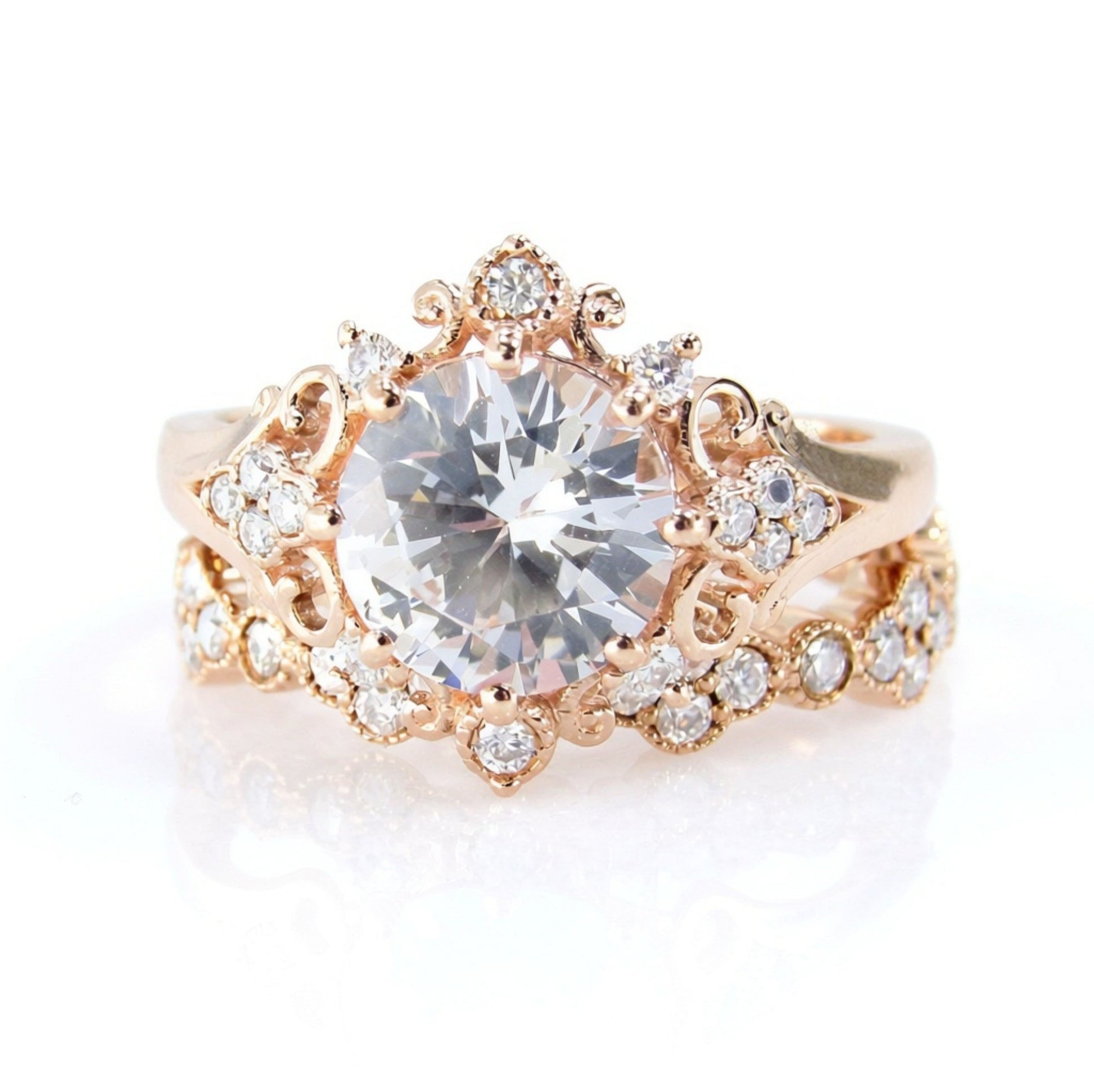 White Sapphire Moissanite Engagement Ring Floral Quatrefoil Ornate Round Wedding Band Set 2ct-8mm-Rose gold-Custom-Gift-Ready to Ship