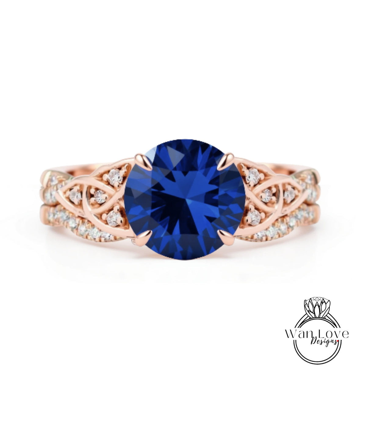A rose gold engagement ring with a large blue gemstone set in the center, surrounded by smaller diamonds.