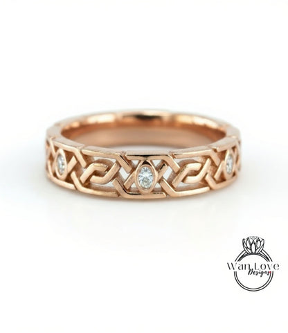 Celtic Knot Diamond Mens Wedding Band, Celtic Pattern Band, 14k White Gold Braided Ring, Mens Promise Band, Mans Birthstone Commitment Band