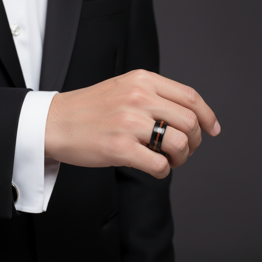 A close-up of a person's hand wearing a black and orange ring against a dark background.