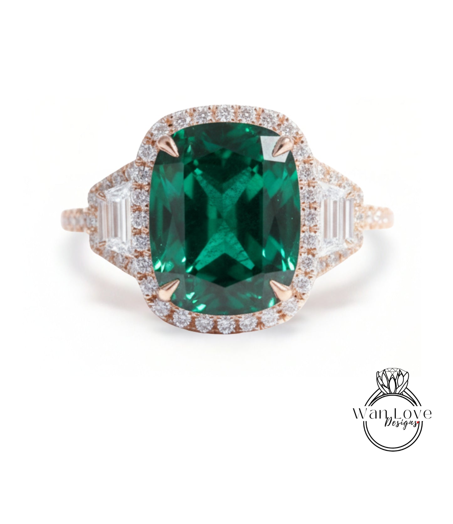 A large, oval-shaped green gemstone set in a gold ring with smaller diamonds around the edges.