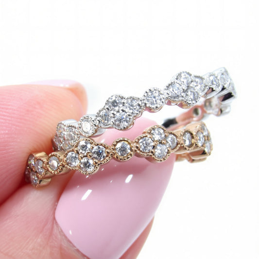 Moissanite clover wedding band rose or white gold ring moissanite bezel set ring stacking matching band Unique Bridal Anniversary ring-Ready