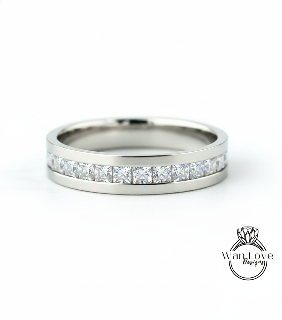 Mens Moissanite Diamond Wedding Band, Channel Princess cut Mens Wedding Band, Solid Gold Wedding Ring, His Wedding Band, Mens Promise Band