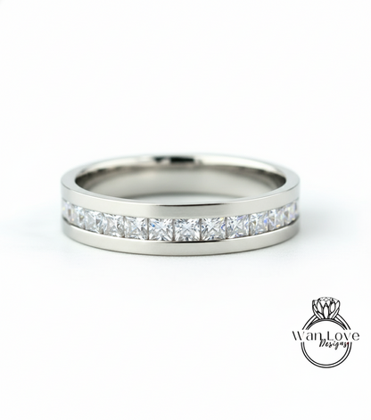 Mens Moissanite Diamond Wedding Band, Channel Princess cut Mens Wedding Band, Solid Gold Wedding Ring, His Wedding Band, Mens Promise Band