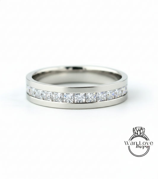 Mens Moissanite Diamond Wedding Band, Channel Princess cut Mens Wedding Band, Solid Gold Wedding Ring, His Wedding Band, Mens Promise Band