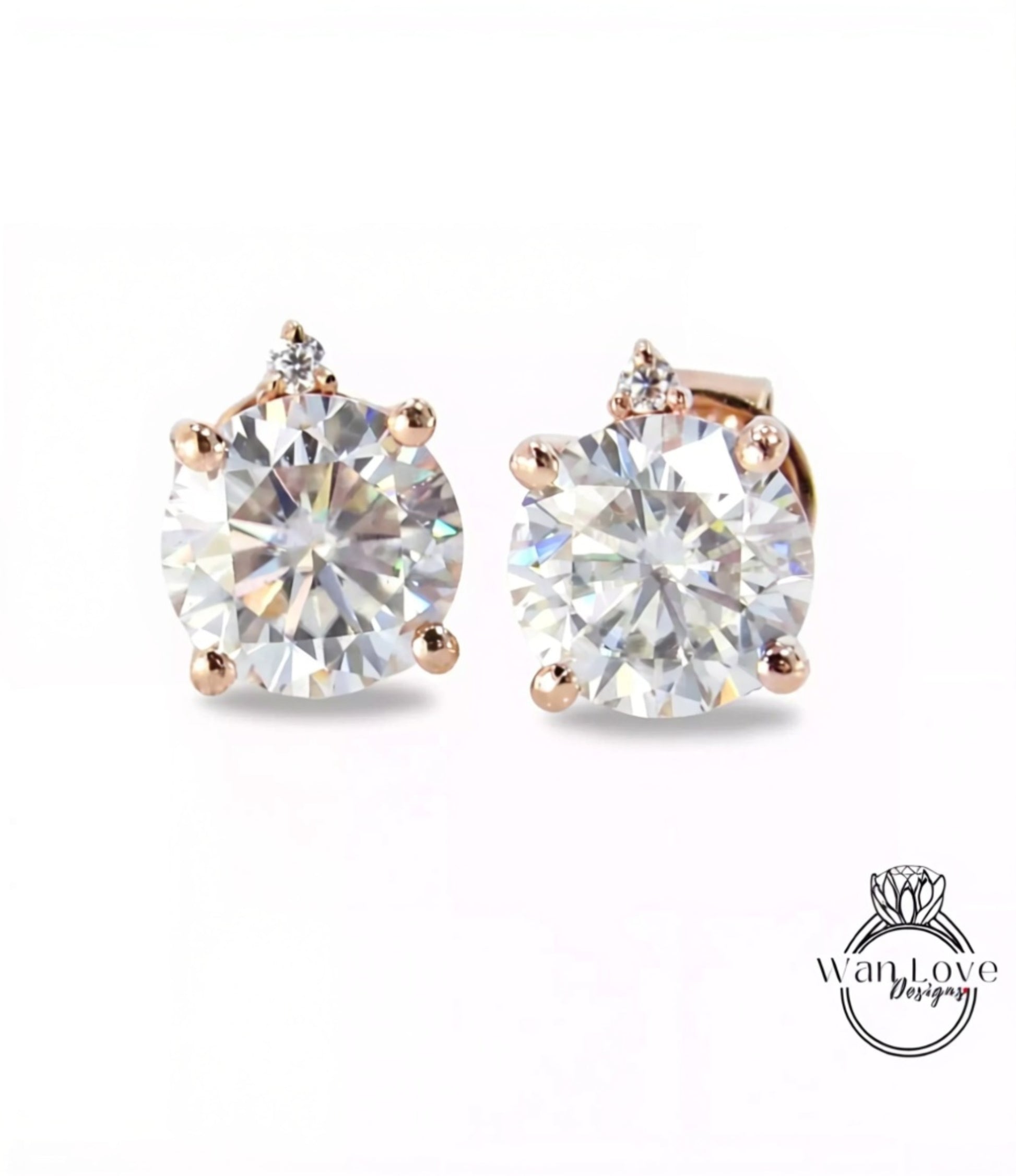 Moissanite Round cut Earrings studs basket Push Backs 4 Prongs, .75ct, 1.5cttw, 6mm, Custom-White Rose Gold,Anniversary Gift, Ready to Ship