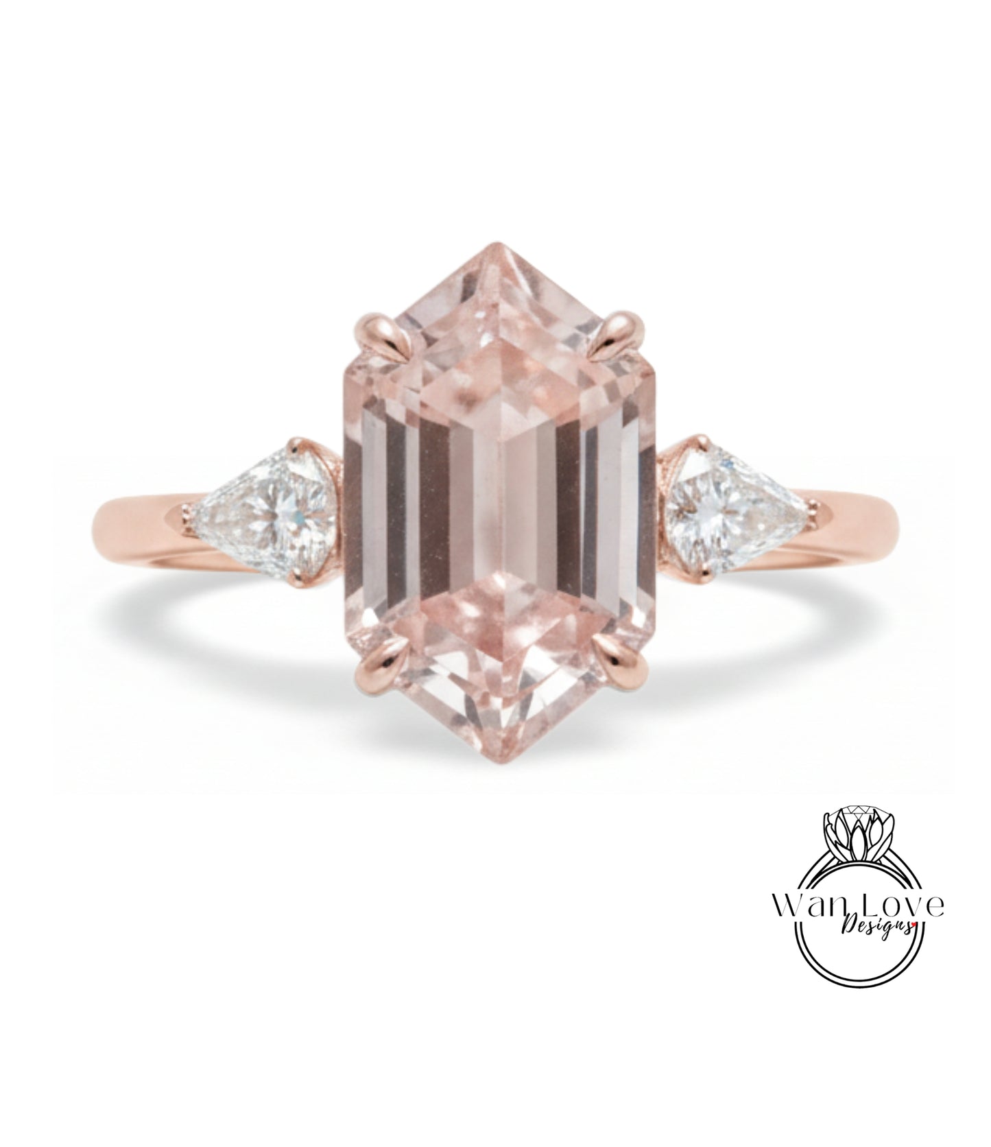 a beautiful engagement ring with a large, irregularly shaped pink gemstone set in a rose gold band.