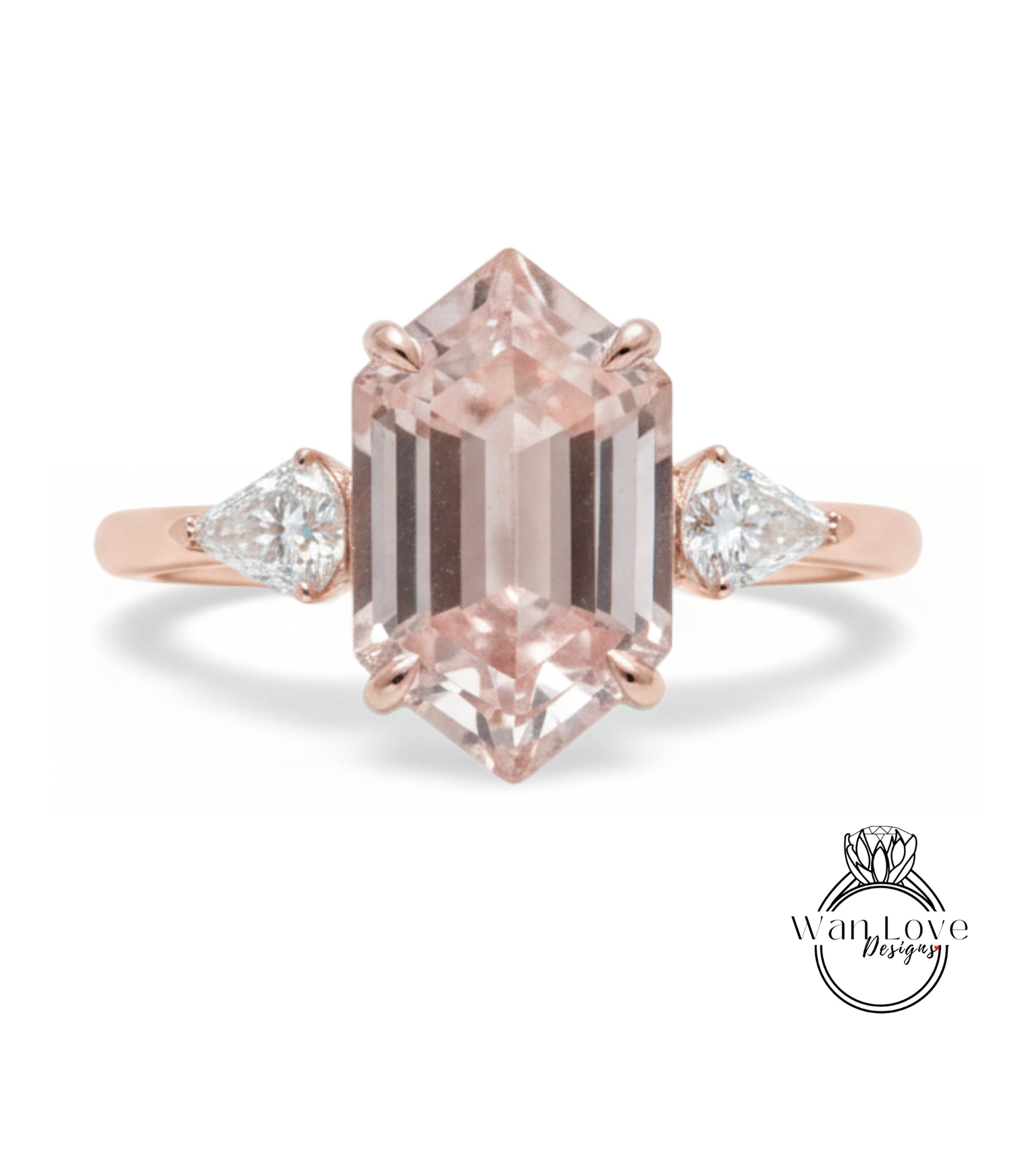 a beautiful engagement ring with a large, irregularly shaped pink gemstone set in a rose gold band.