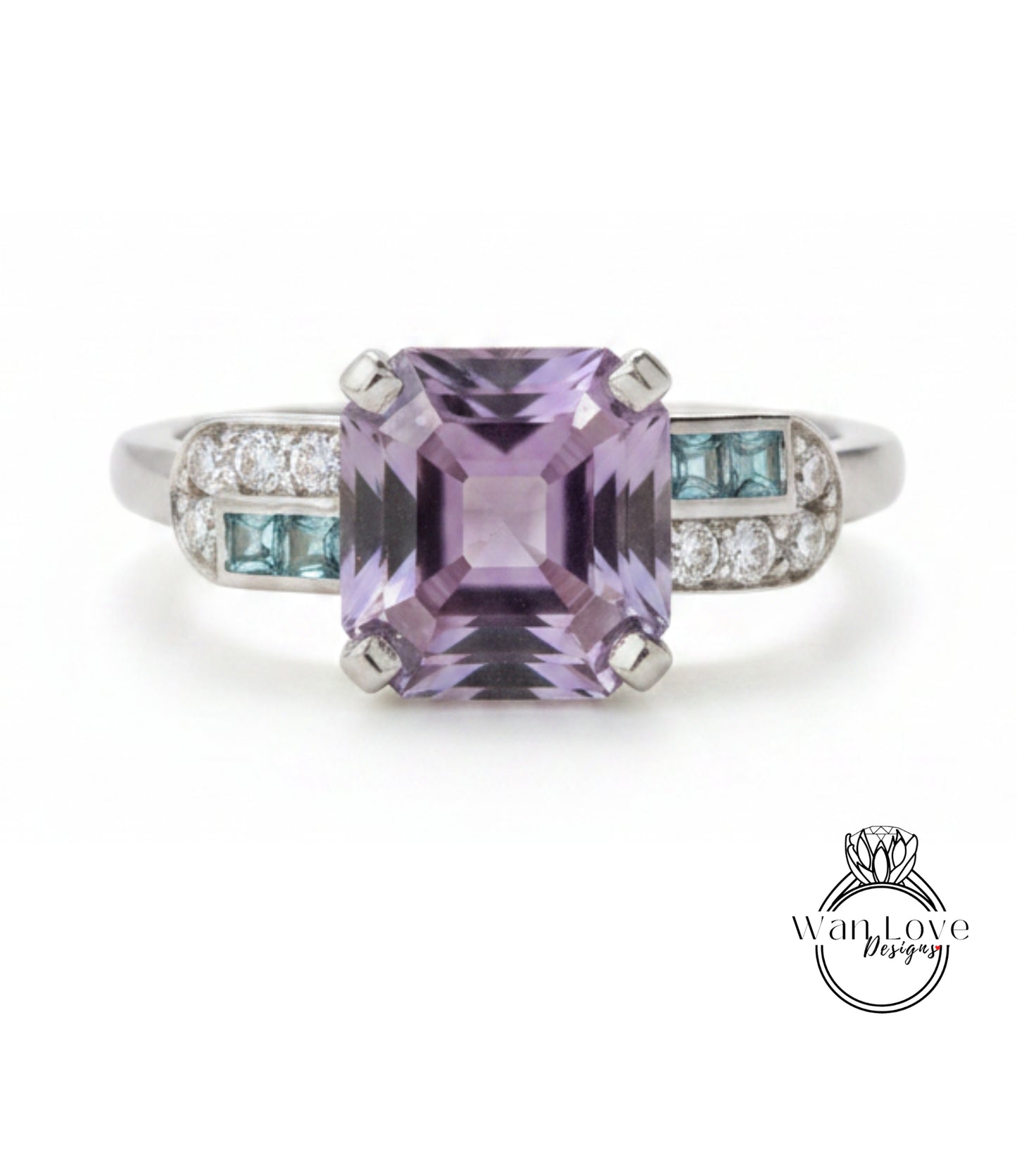 a ring with a large purple gemstone, surrounded by smaller blue gemstones.