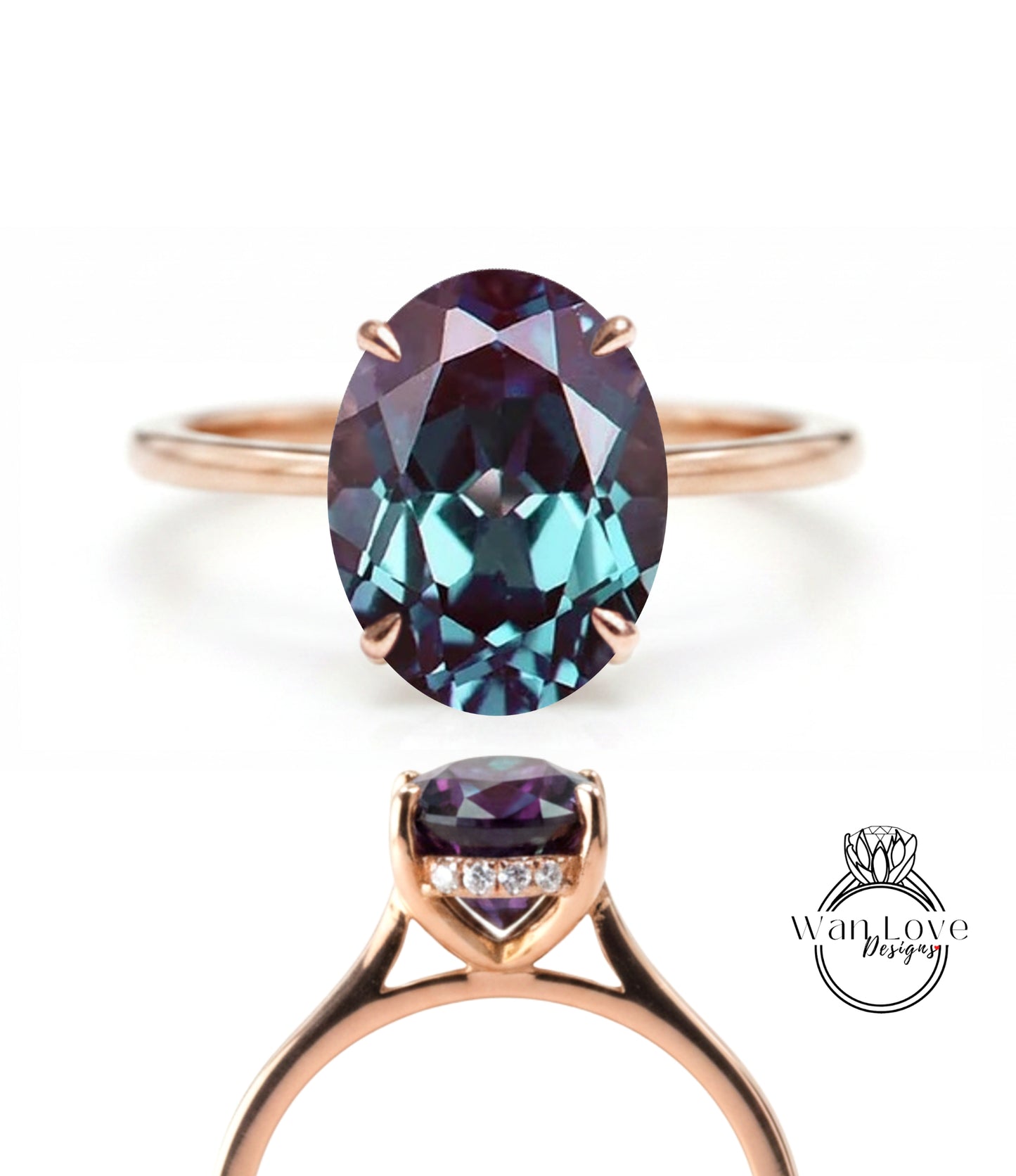 a gold ring with a large oval-shaped gemstone, which appears to be a deep blue color. The ring is set with a smaller gemstone, possibly a diamond, and is displayed in two different views.