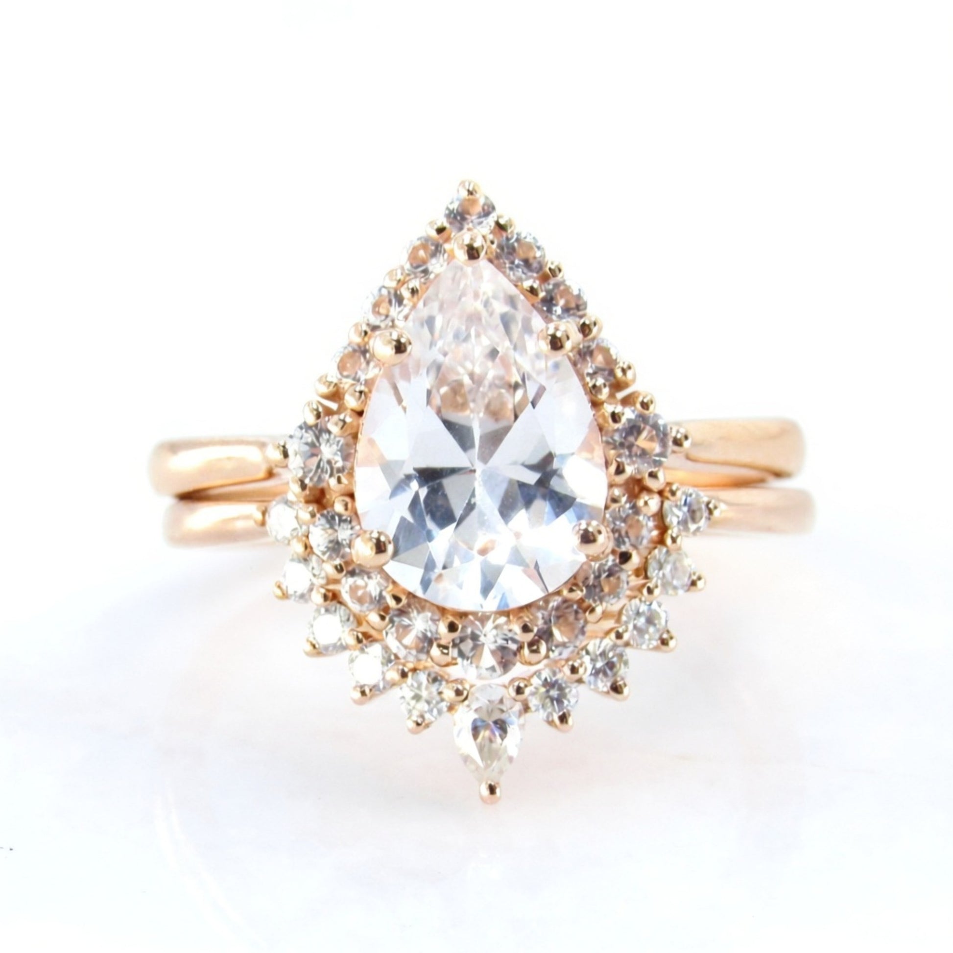 White Sapphire Pear Graduated Halo Engagement Ring Art deco Wedding Band Set 2ct vintage Rose gold pear halo bridal promise aniversary ring