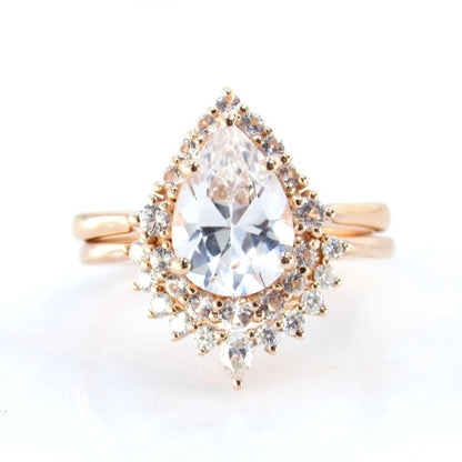 White Sapphire Pear Graduated Halo Engagement Ring Art deco Wedding Band Set 2ct vintage Rose gold pear halo bridal promise aniversary ring