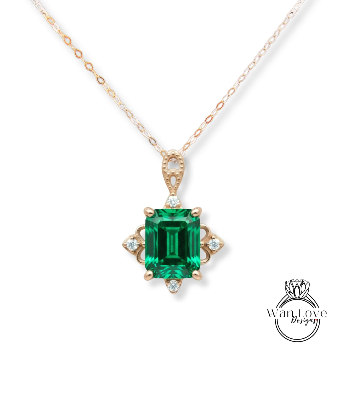 A necklace with a large, green gemstone pendant.