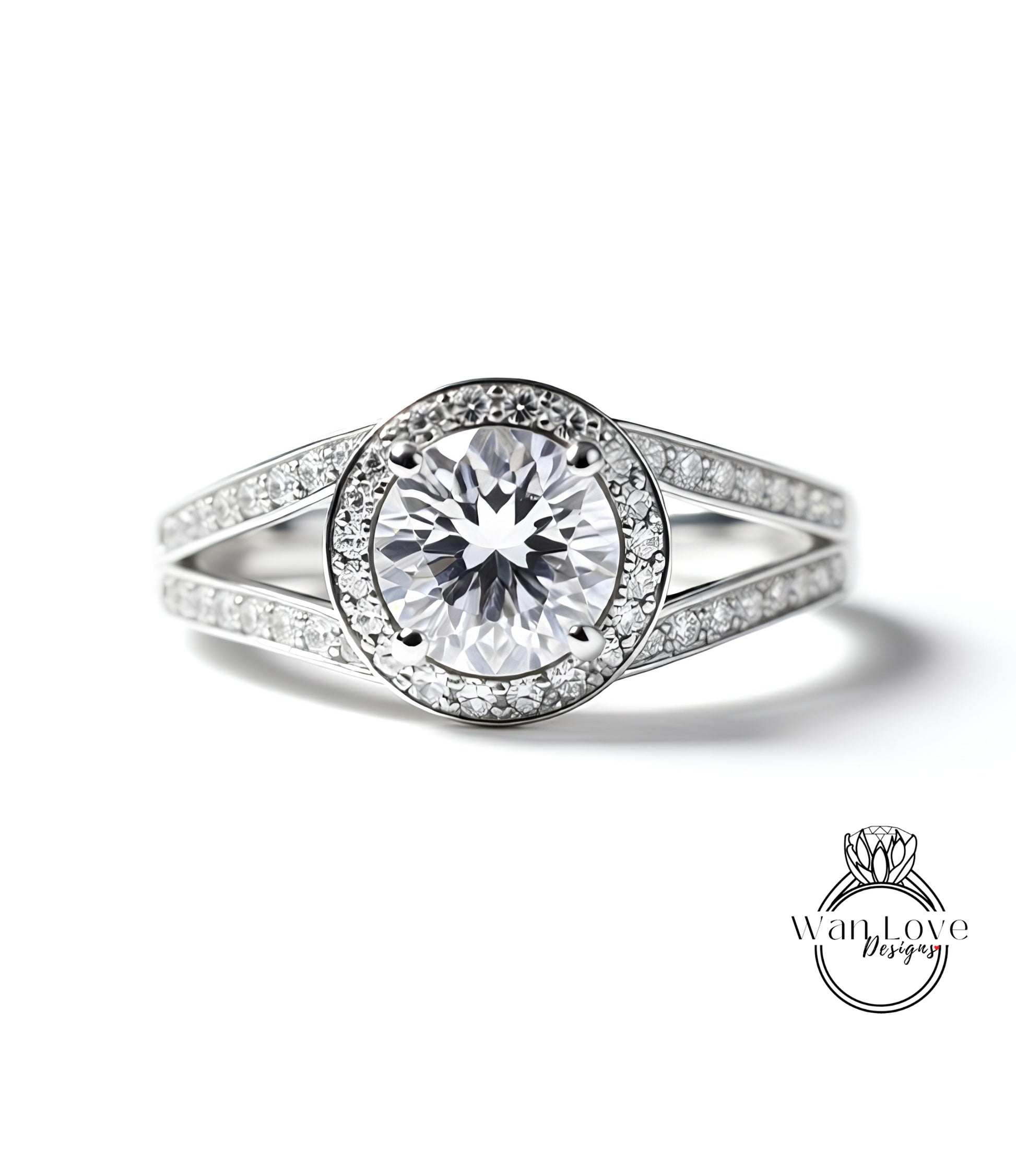 A close-up view of a diamond engagement ring with a large central diamond surrounded by smaller diamonds set in a halo.